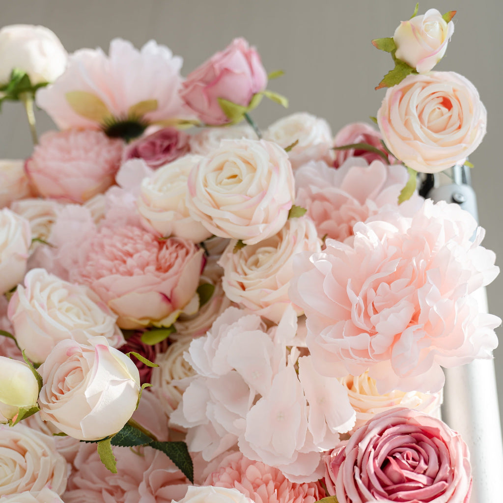 Roll Up Fabric Artificial Variety Of Pink And Cream Floral Bridal Shower Backdrop - Captivating Flowers Photography Arranged Party Event Decor-VF-503