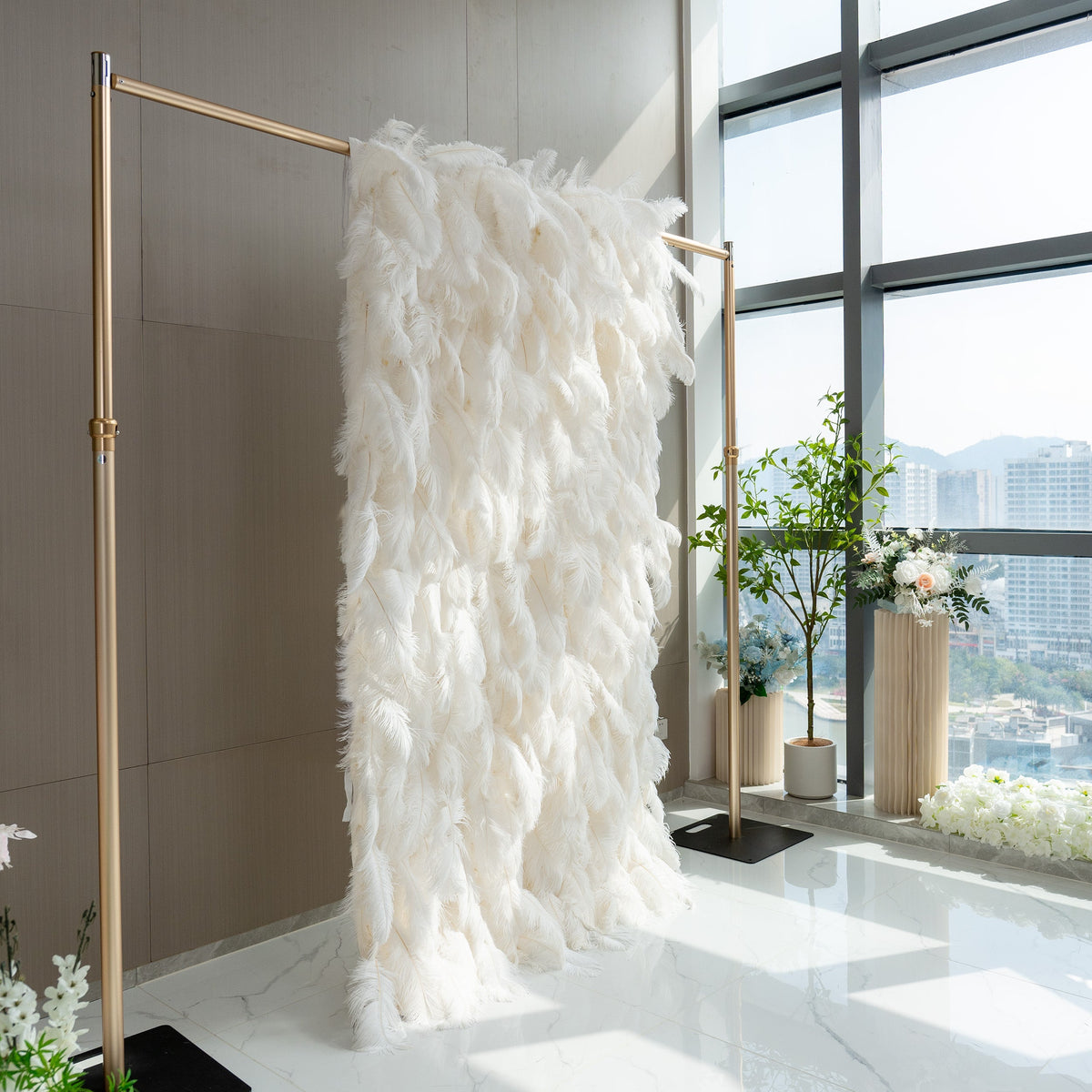 ValarFlowers Artificial Floral Wall Backdrop: Celestial White Feather Dreamscape - The Ethereal Whisper Collection for Luxurious Weddings and Events-VF-164-White