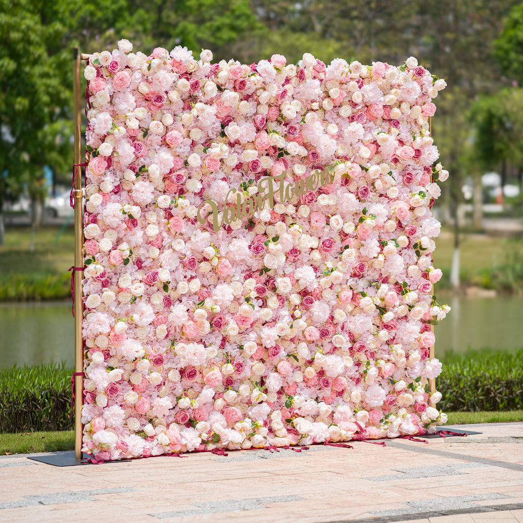 Roll Up Fabric Artificial Variety Of Pink And Cream Floral Bridal Shower Backdrop - Captivating Flowers Photography Arranged Party Event Decor-VF-503